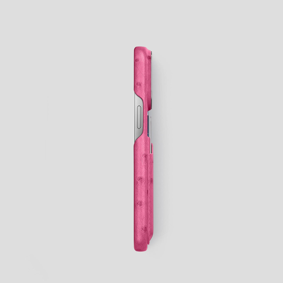 Petal Pink iPhone 14 Pro Card Case Ostrich with Steel Metal -3 | Petal-Pink-Steel