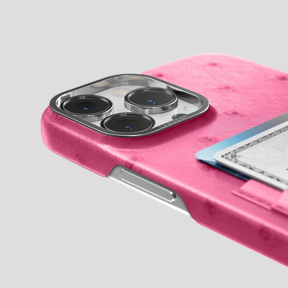 Petal Pink iPhone 14 Pro Card Case Ostrich with Steel Metal -5 | Petal-Pink-Steel