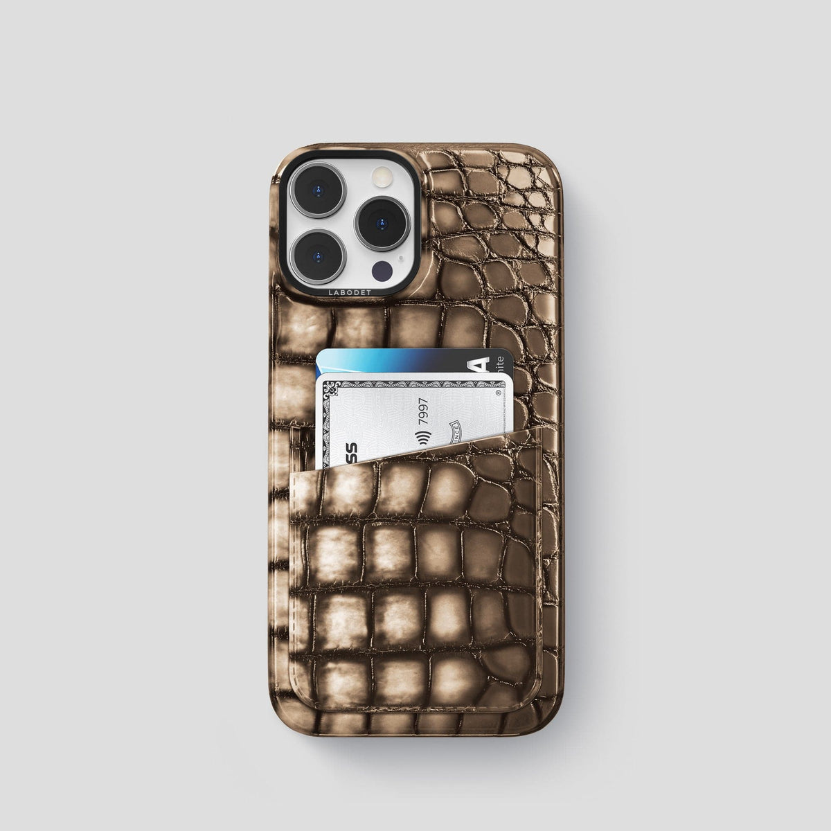 Etoupe iPhone 14 Pro Double Card Case Patina Alligator with Black Metal -1 | Etoupe-Black