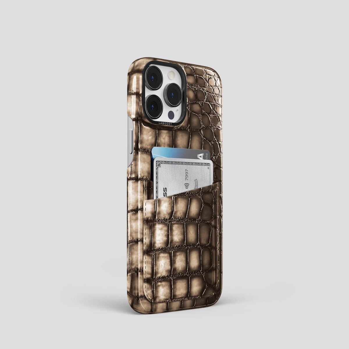 Etoupe iPhone 14 Pro Double Card Case Patina Alligator with Black Metal -2 | Etoupe-Black