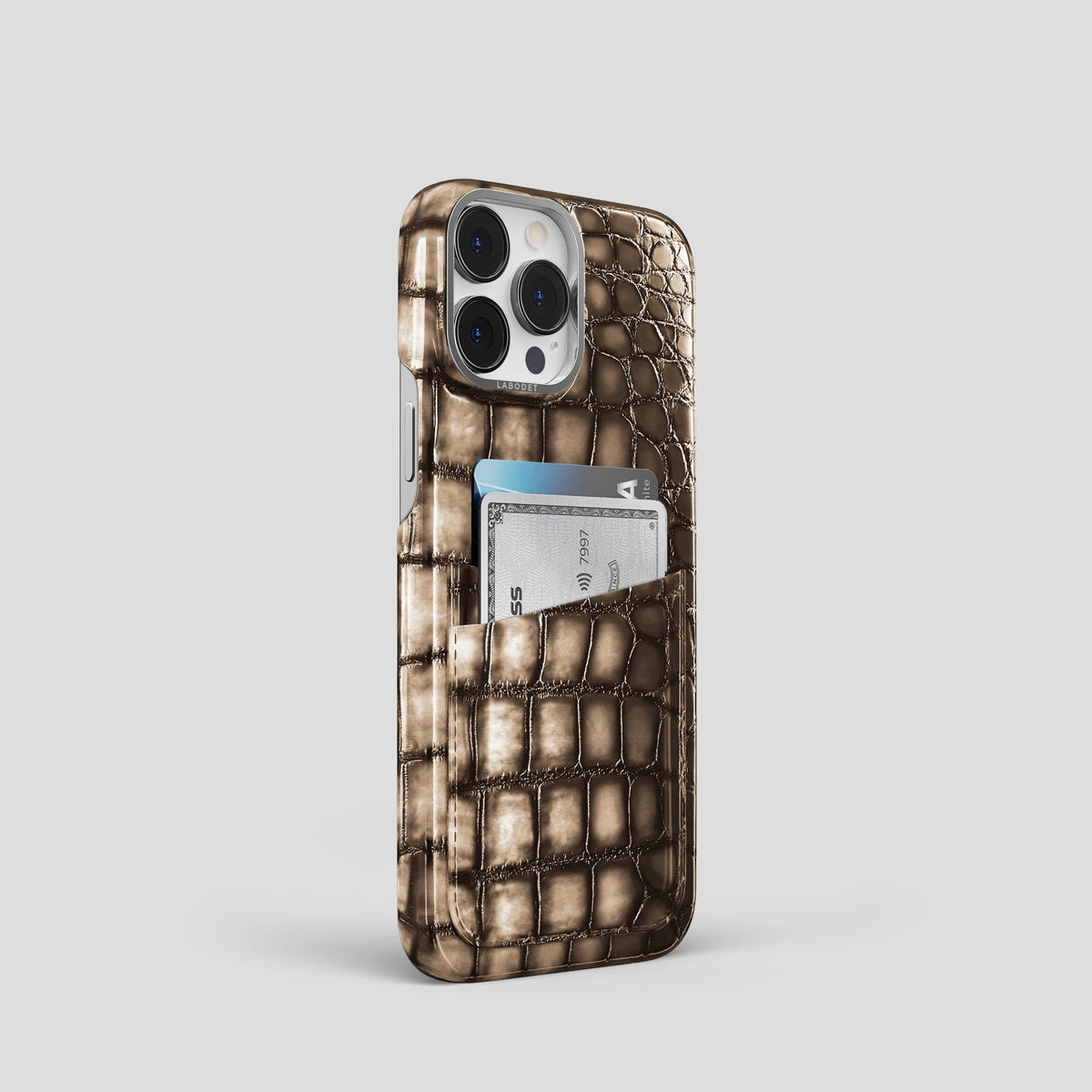 Etoupe iPhone 14 Pro Double Card Case Patina Alligator with Steel Metal -2 | Etoupe-Steel