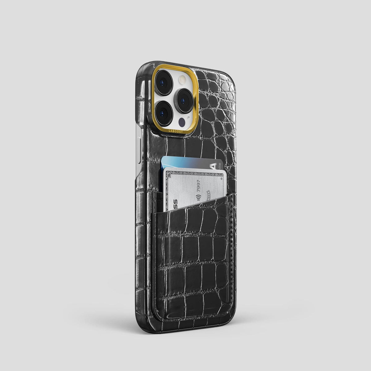 Havana-Black iPhone 14 Pro Double Card Case Patina Alligator with Gold Metal -2 | Havana-Black-Gold