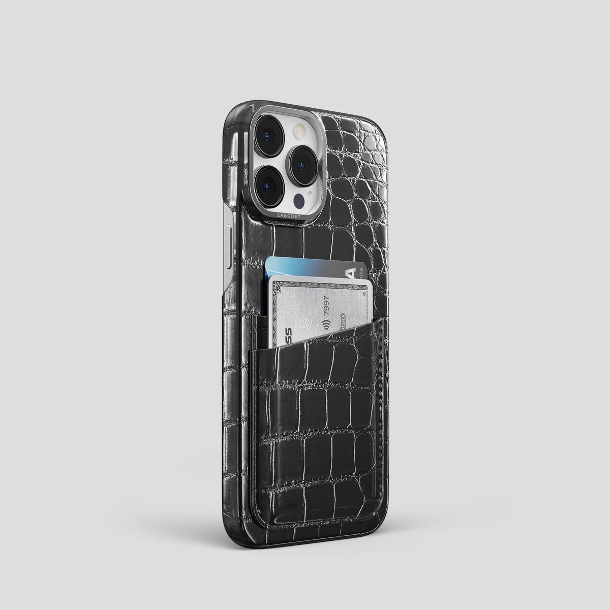 Havana-Black iPhone 14 Pro Double Card Case Patina Alligator with Steel Metal -2 | Havana-Black-Steel