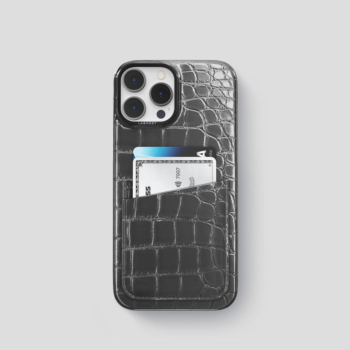 Grey iPhone 14 Pro Double Card Case Patina Alligator with Black Metal -1 | Grey-Black