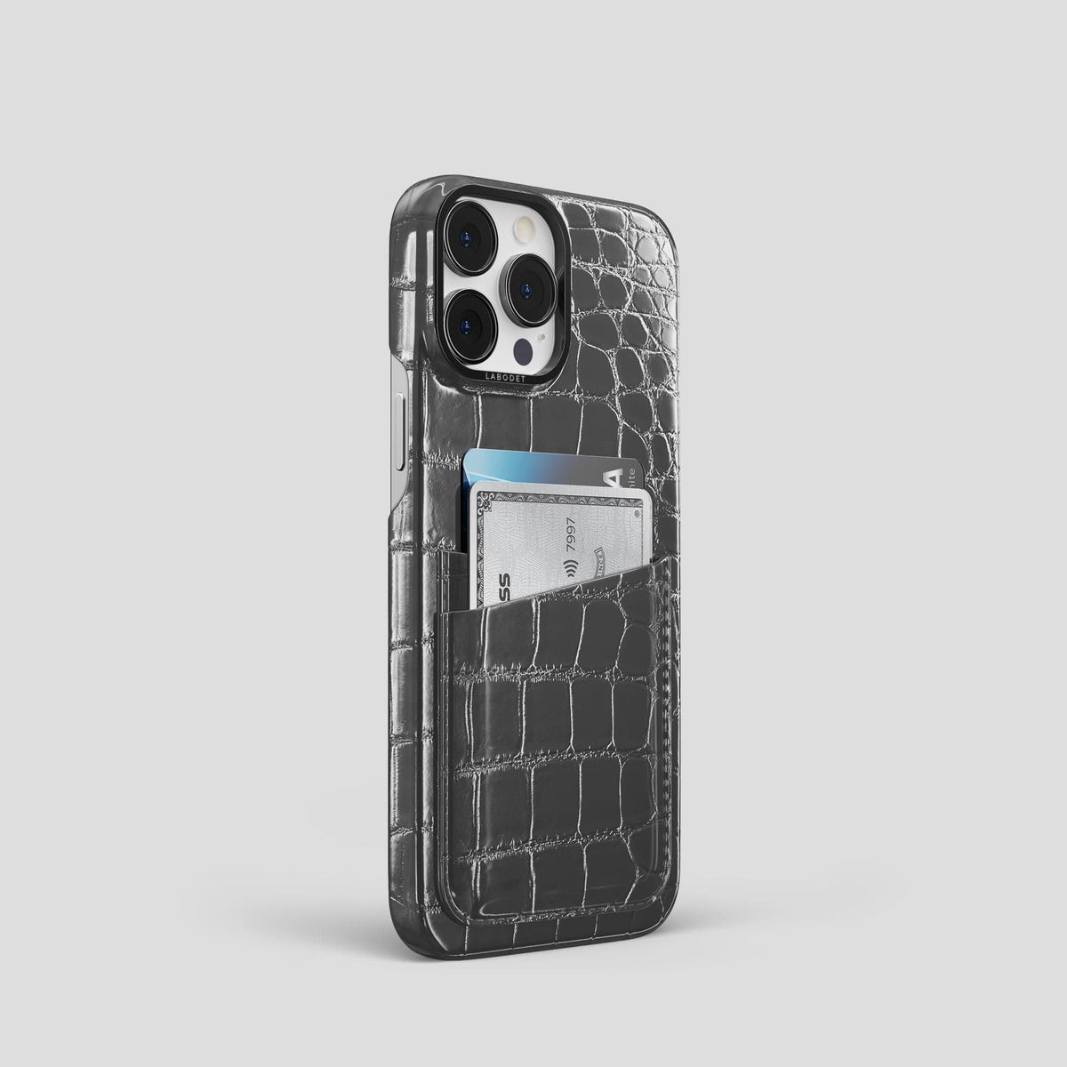 Grey iPhone 14 Pro Double Card Case Patina Alligator with Black Metal -2 | Grey-Black