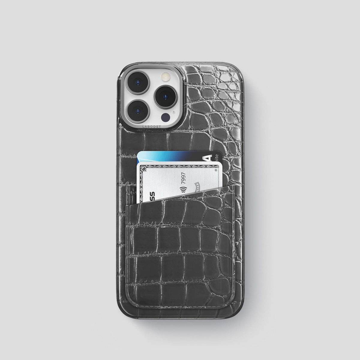 Grey iPhone 14 Pro Double Card Case Patina Alligator with Steel Metal -1 | Grey-Steel