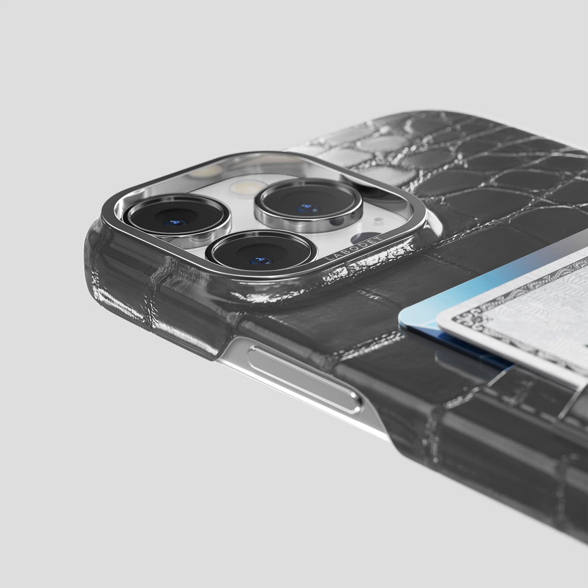 Grey iPhone 14 Pro Double Card Case Patina Alligator with Steel Metal -5 | Grey-Steel