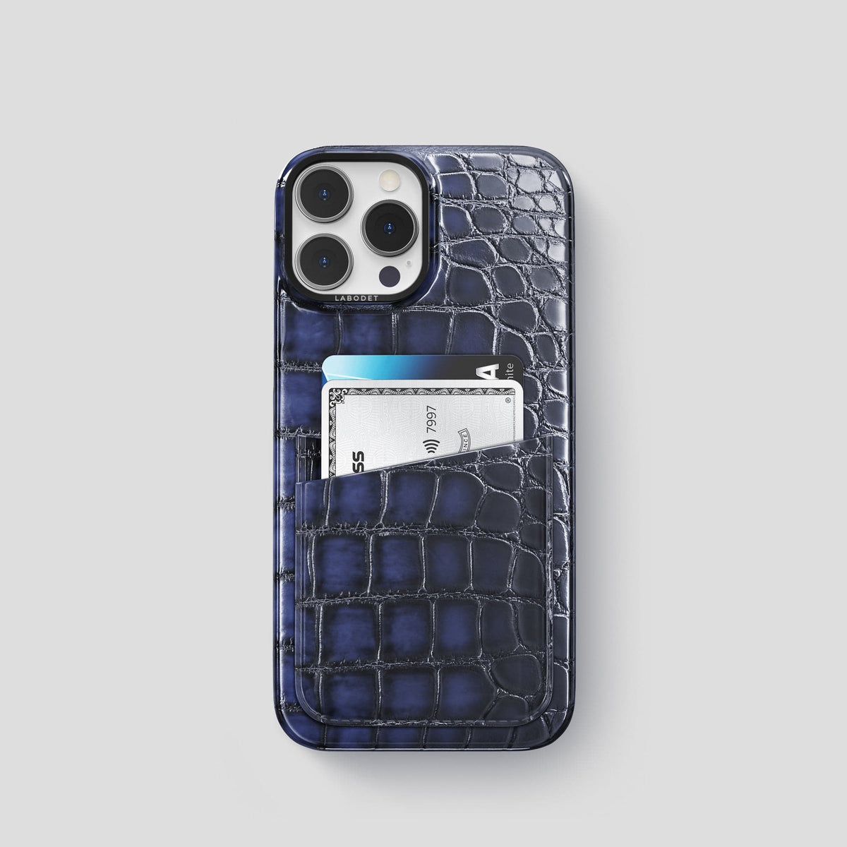 Havana-Blue iPhone 14 Pro Double Card Case Patina Alligator with Black Metal -1 | Havana-Blue-Black