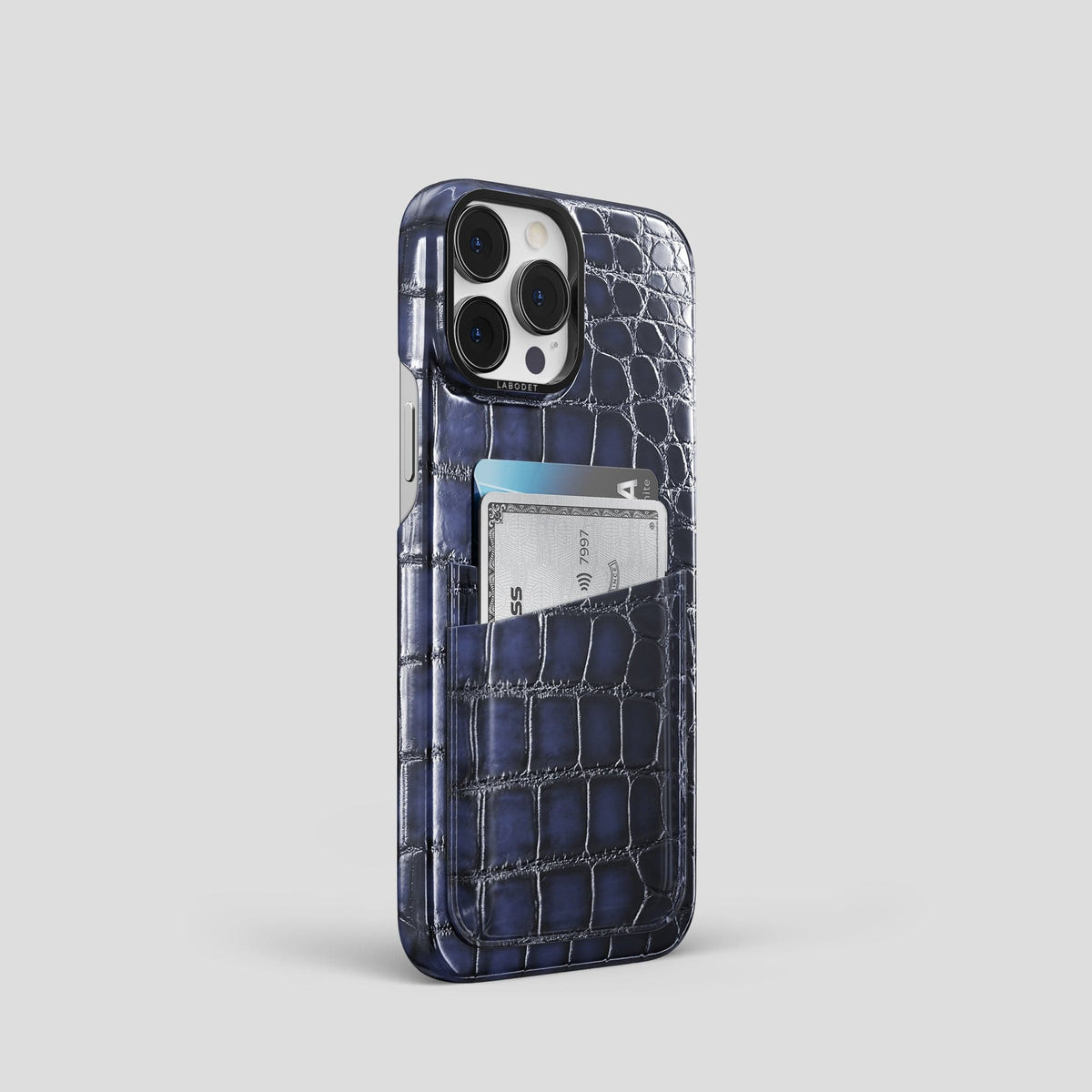 Havana-Blue iPhone 14 Pro Double Card Case Patina Alligator with Black Metal -2 | Havana-Blue-Black