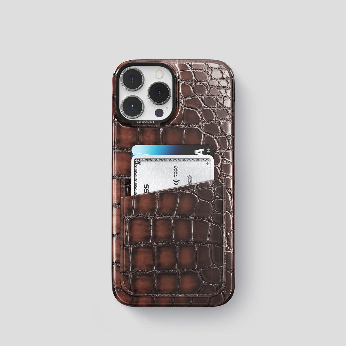 Havana-Brown iPhone 14 Pro Double Card Case Patina Alligator with Black Metal -1 | Havana-Brown-Black