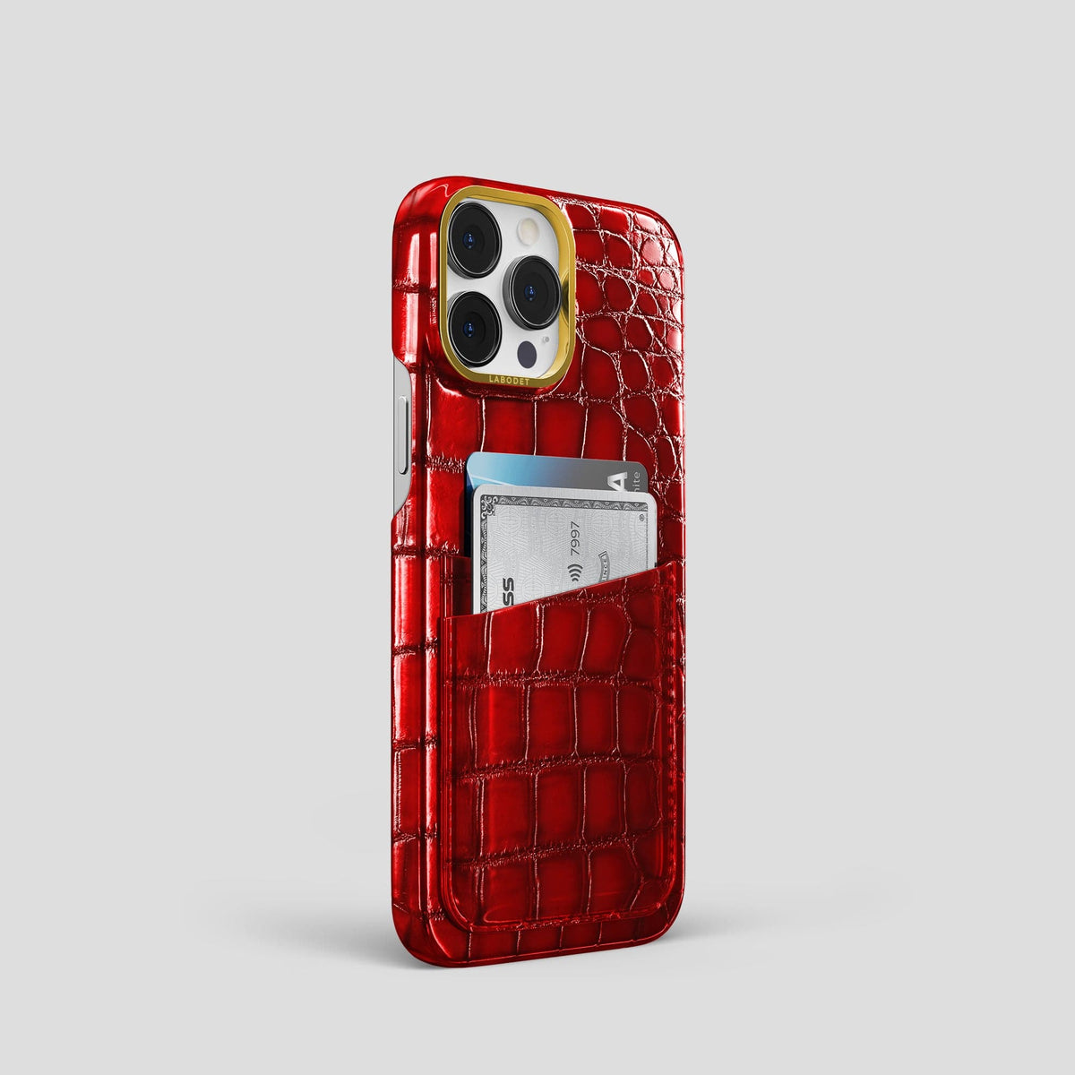 Burgundy iPhone 14 Pro Double Card Case Patina Alligator with Gold Metal -2 | Burgundy-Gold