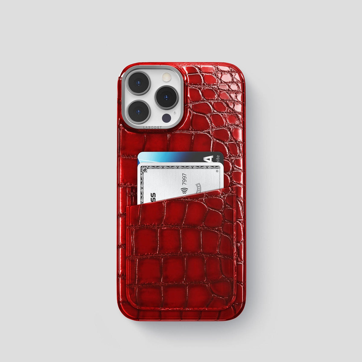 Burgundy iPhone 14 Pro Double Card Case Patina Alligator with Steel Metal -1 | Burgundy-Steel