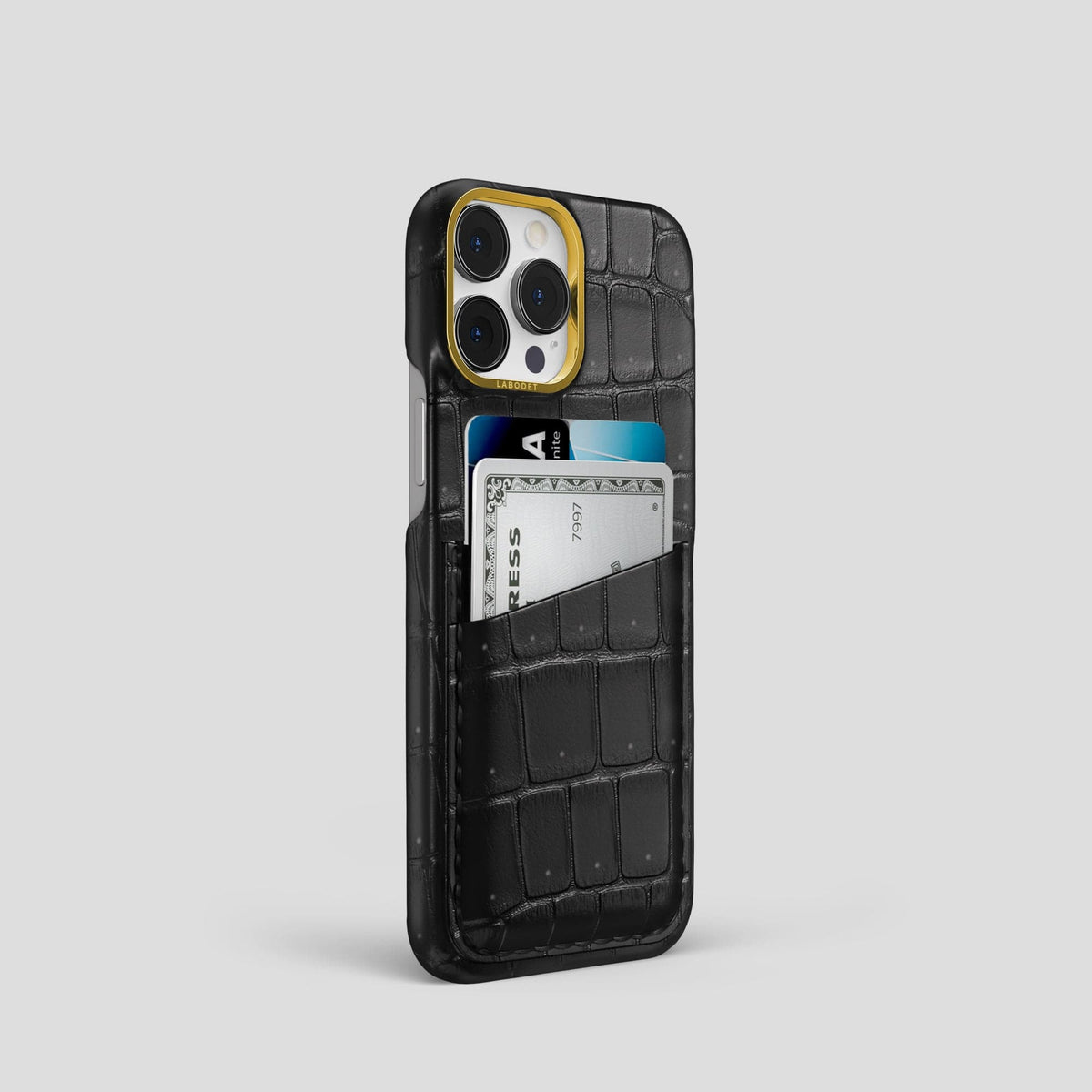 Black iPhone 14 Pro Porosus Crocodile Porosus Crocodile with Gold Metal -2 | Black-Gold