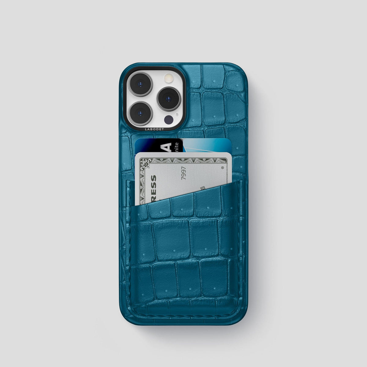 Duck Blue iPhone 14 Pro Porosus Crocodile Porosus Crocodile with Black Metal -1 | Duck-Blue-Black