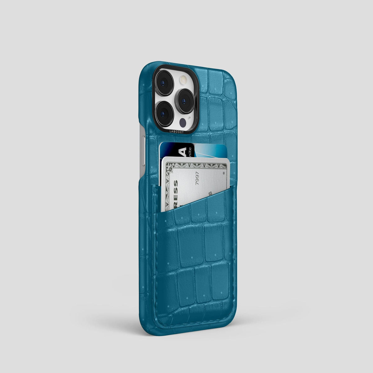 Duck Blue iPhone 14 Pro Porosus Crocodile Porosus Crocodile with Black Metal -2 | Duck-Blue-Black