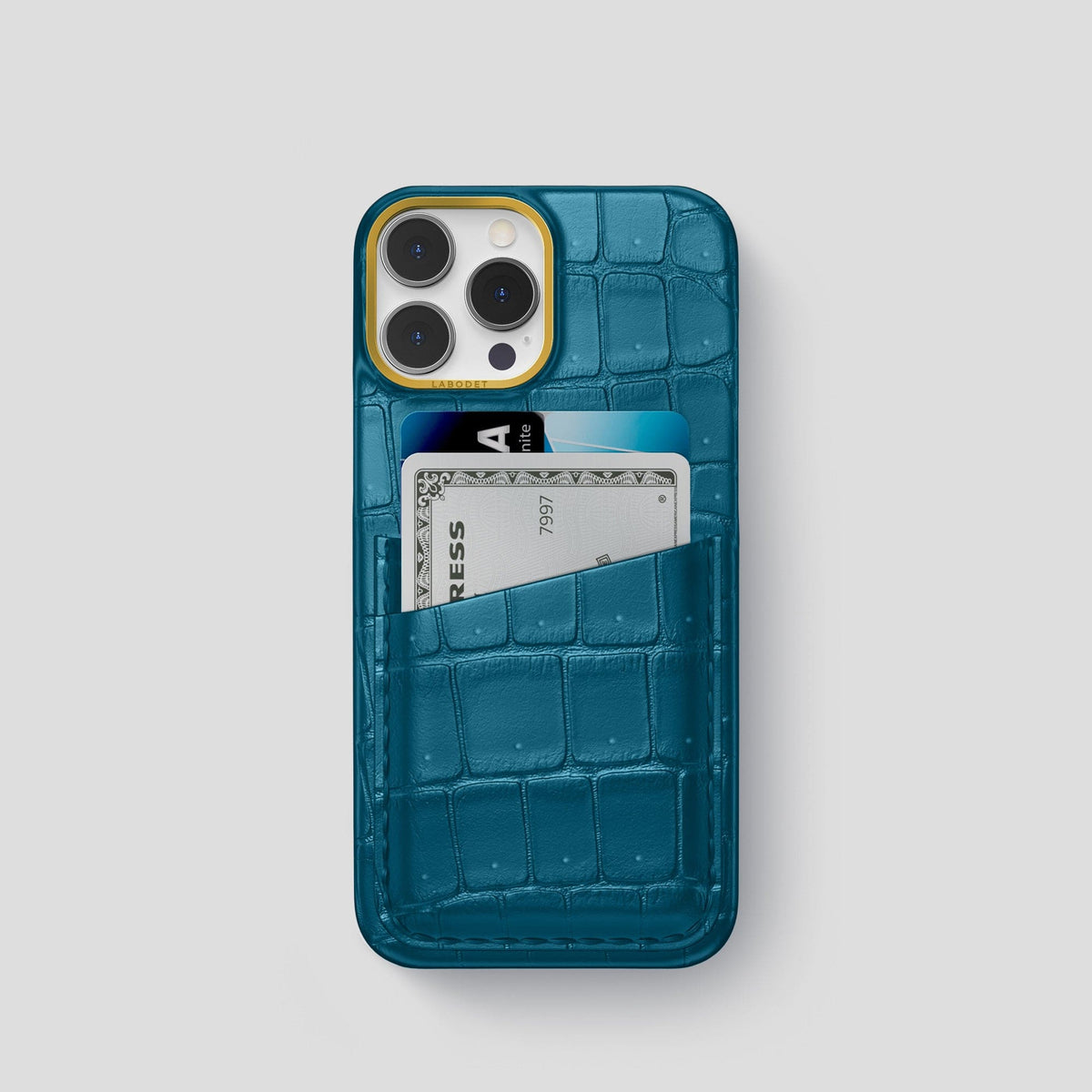 Duck Blue iPhone 14 Pro Porosus Crocodile Porosus Crocodile with Gold Metal -1 | Duck-Blue-Gold