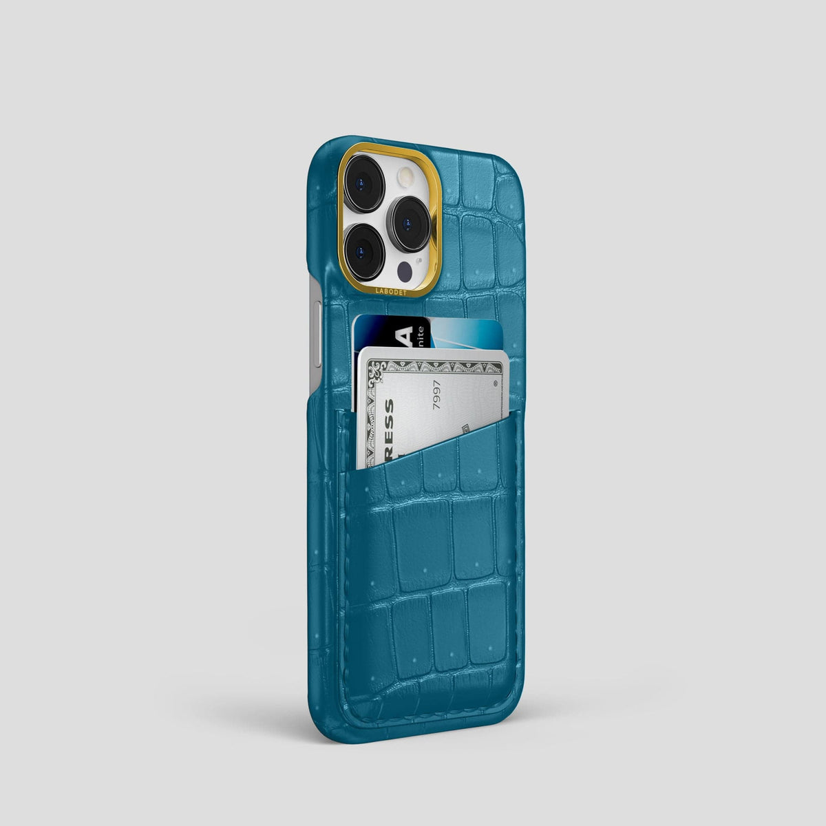 Duck Blue iPhone 14 Pro Porosus Crocodile Porosus Crocodile with Gold Metal -2 | Duck-Blue-Gold