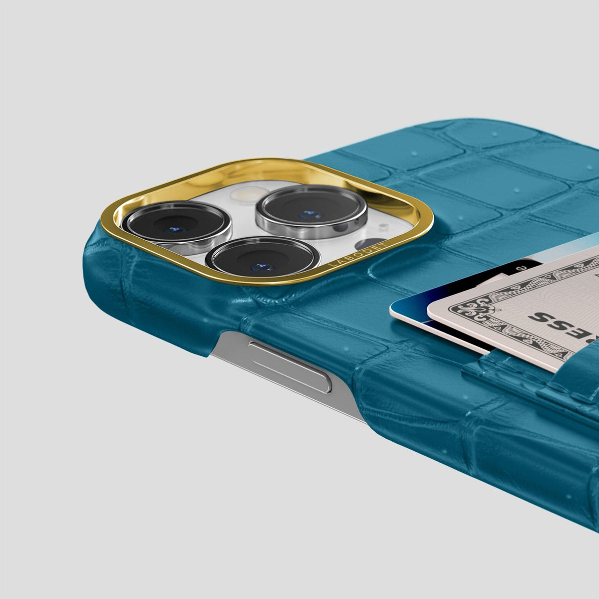 Duck Blue iPhone 14 Pro Porosus Crocodile Porosus Crocodile with Gold Metal -5 | Duck-Blue-Gold