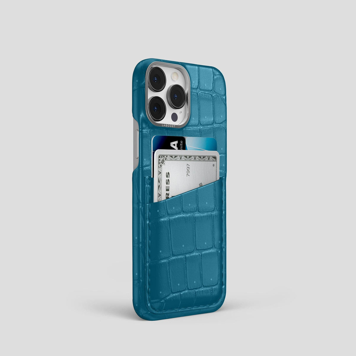 Duck Blue iPhone 14 Pro Porosus Crocodile Porosus Crocodile with Steel Metal -2 | Duck-Blue-Steel