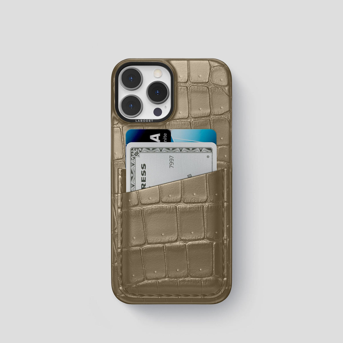 Kaki-Green iPhone 14 Pro Porosus Crocodile Porosus Crocodile with Black Metal -1 | Kaki-Green-Black