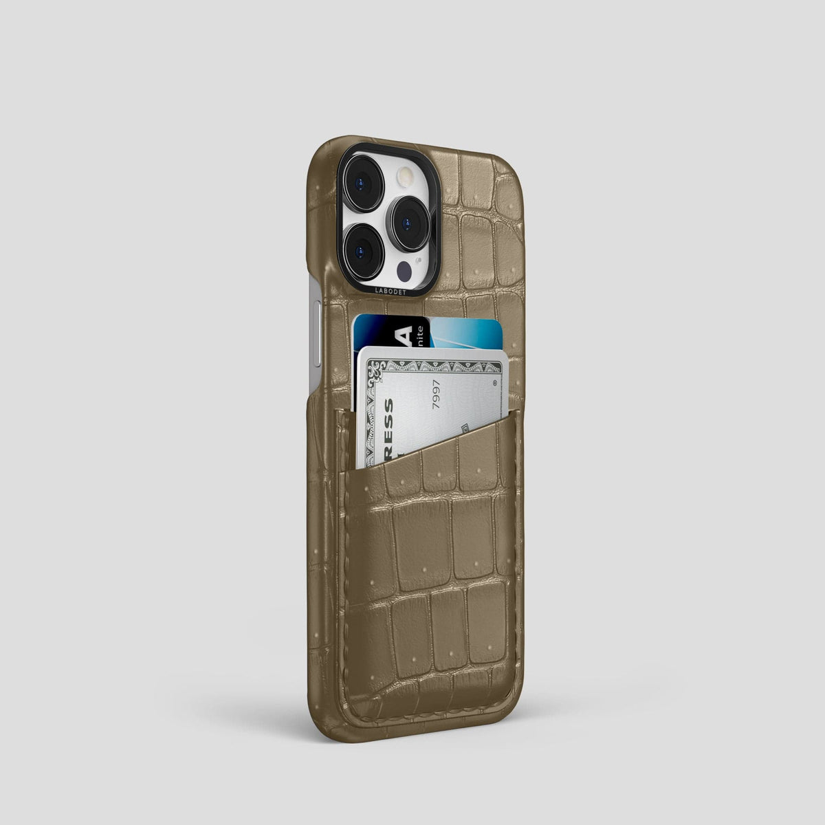Kaki-Green iPhone 14 Pro Porosus Crocodile Porosus Crocodile with Black Metal -2 | Kaki-Green-Black