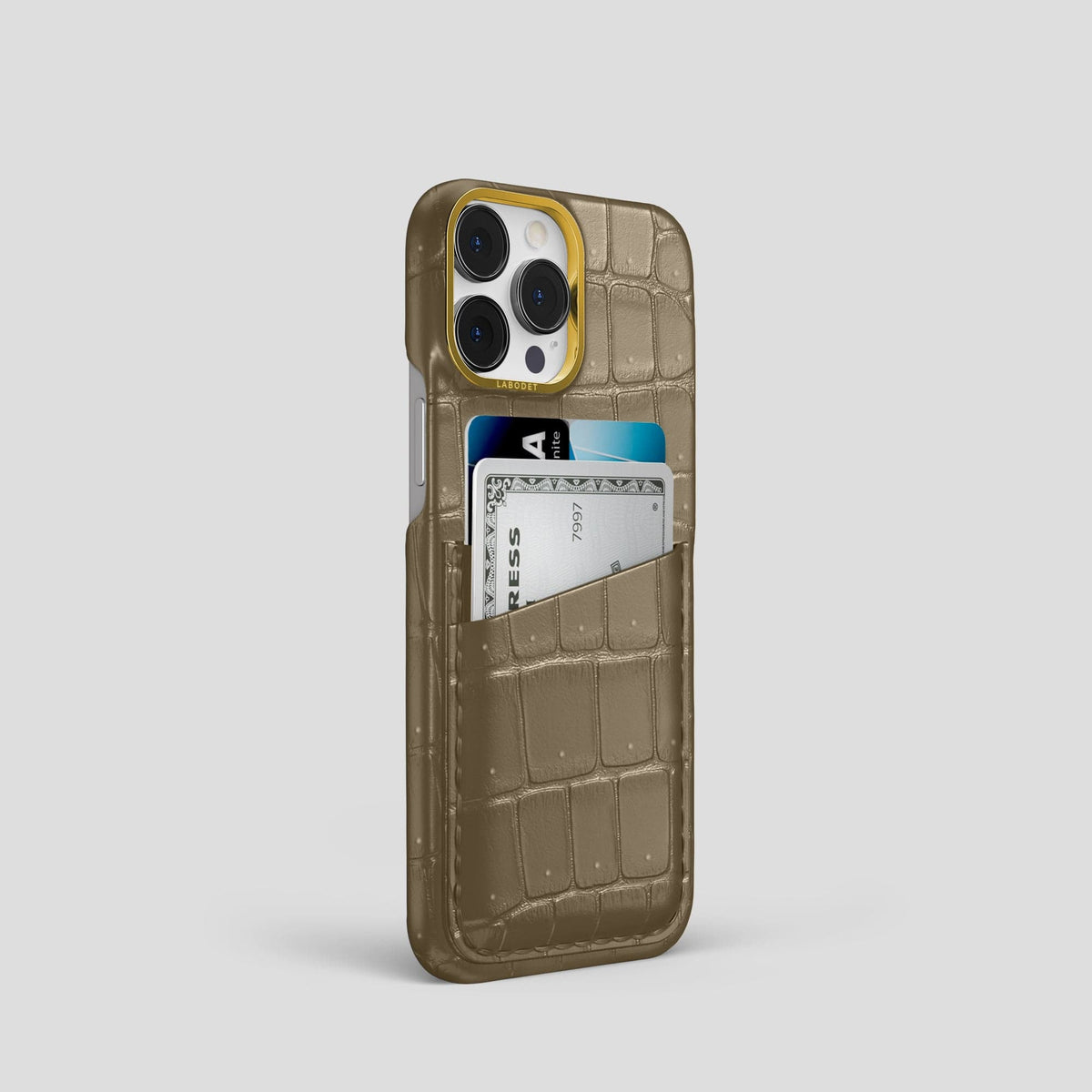Kaki-Green iPhone 14 Pro Porosus Crocodile Porosus Crocodile with Gold Metal -2 | Kaki-Green-Gold