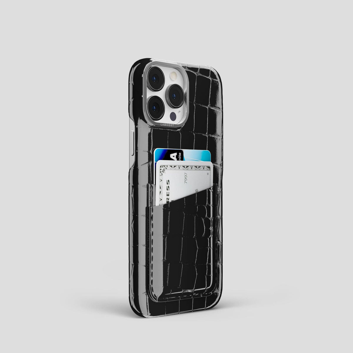 Black iPhone 14 Shiny Alligator with Steel Metal -2 | Black-Steel