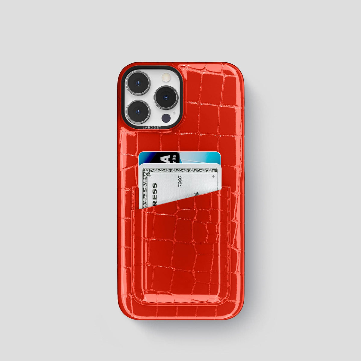 Coral Orange iPhone 14 Shiny Alligator with Black Metal -1 | Coral-Orange-Black