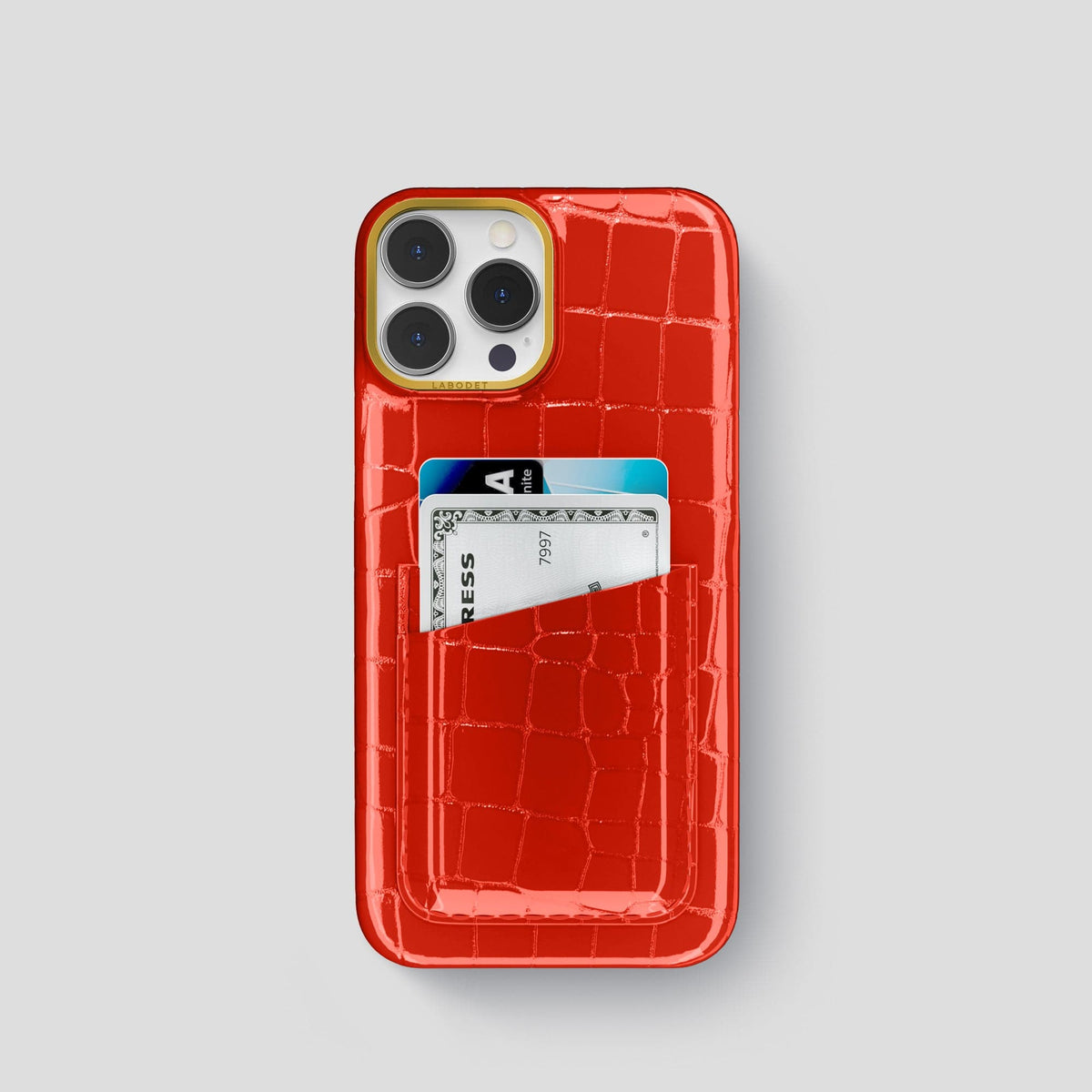 Coral Orange iPhone 14 Shiny Alligator with Gold Metal -1 | Coral-Orange-Gold