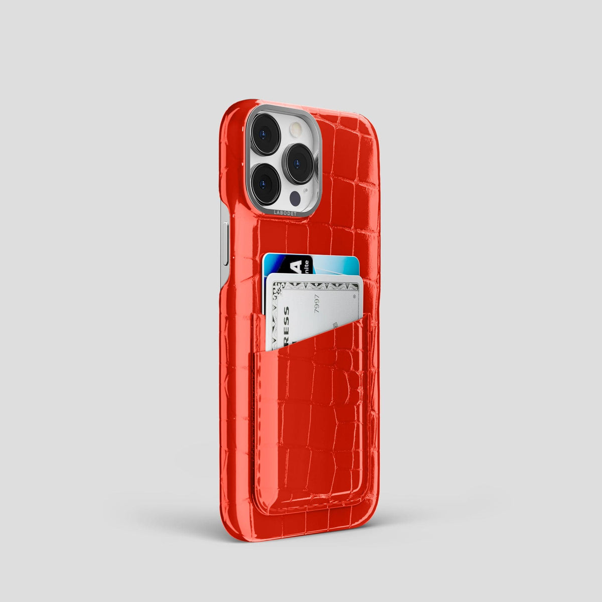 Coral Orange iPhone 14 Shiny Alligator with Steel Metal -2 | Coral-Orange-Steel