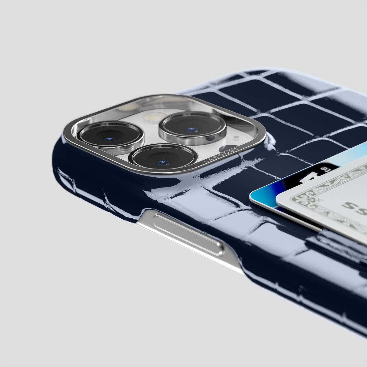 Navy-Blue iPhone 14 Shiny Alligator with Steel Metal -5 | Navy-Blue-Steel