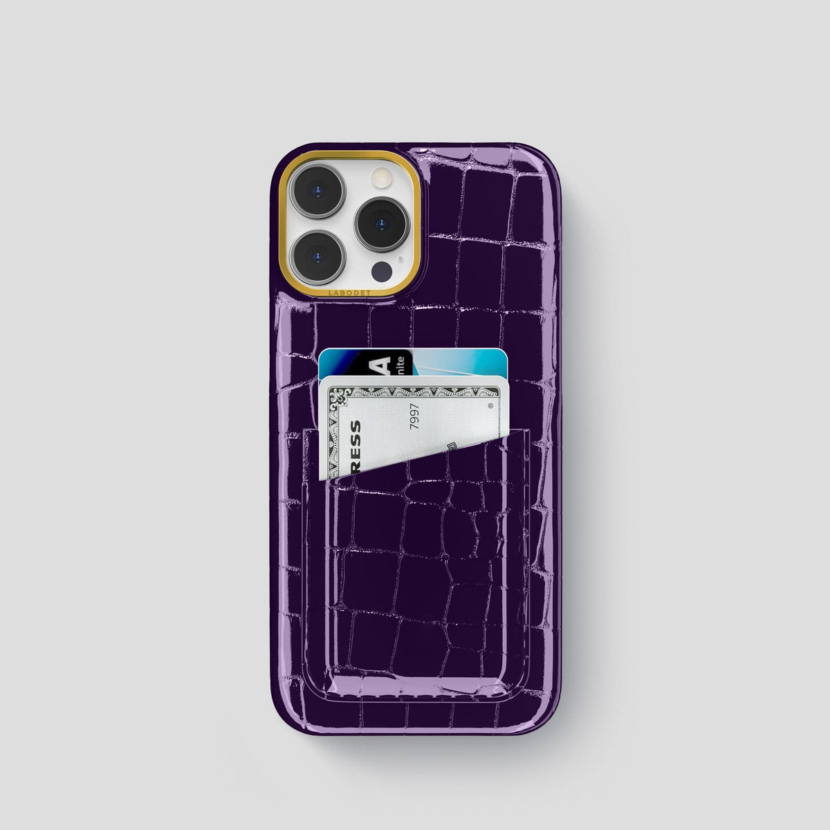 Purple iPhone 14 Shiny Alligator with Gold Metal -1 | Purple-Gold