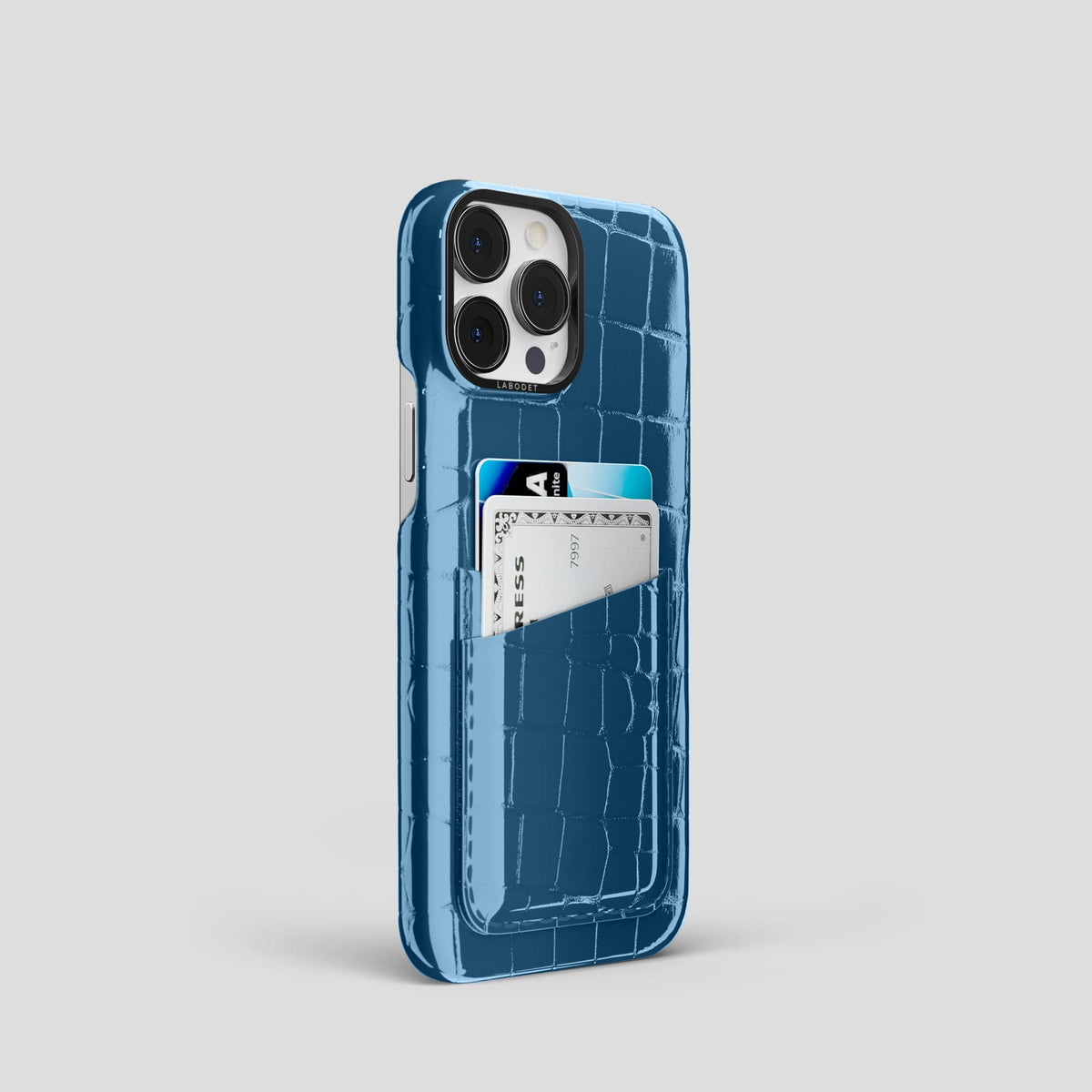 Turquoise-Blue iPhone 14 Shiny Alligator with Black Metal -2 | Turqoise-Blue-Black