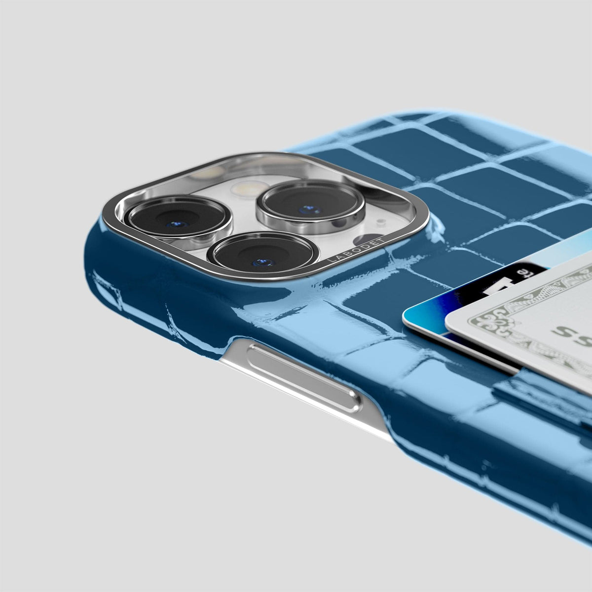 Turquoise-Blue iPhone 14 Shiny Alligator with Steel Metal -5 | Turqoise-Blue-Steel