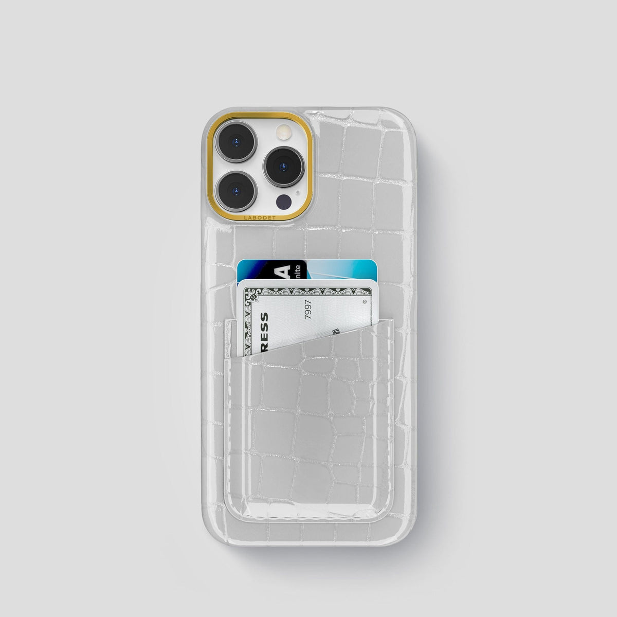 White iPhone 14 Shiny Alligator with Gold Metal -1 | White-Gold