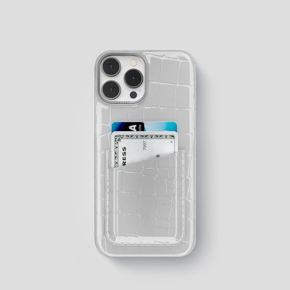 White iPhone 14 Shiny Alligator with Steel Metal -1 | White-Steel