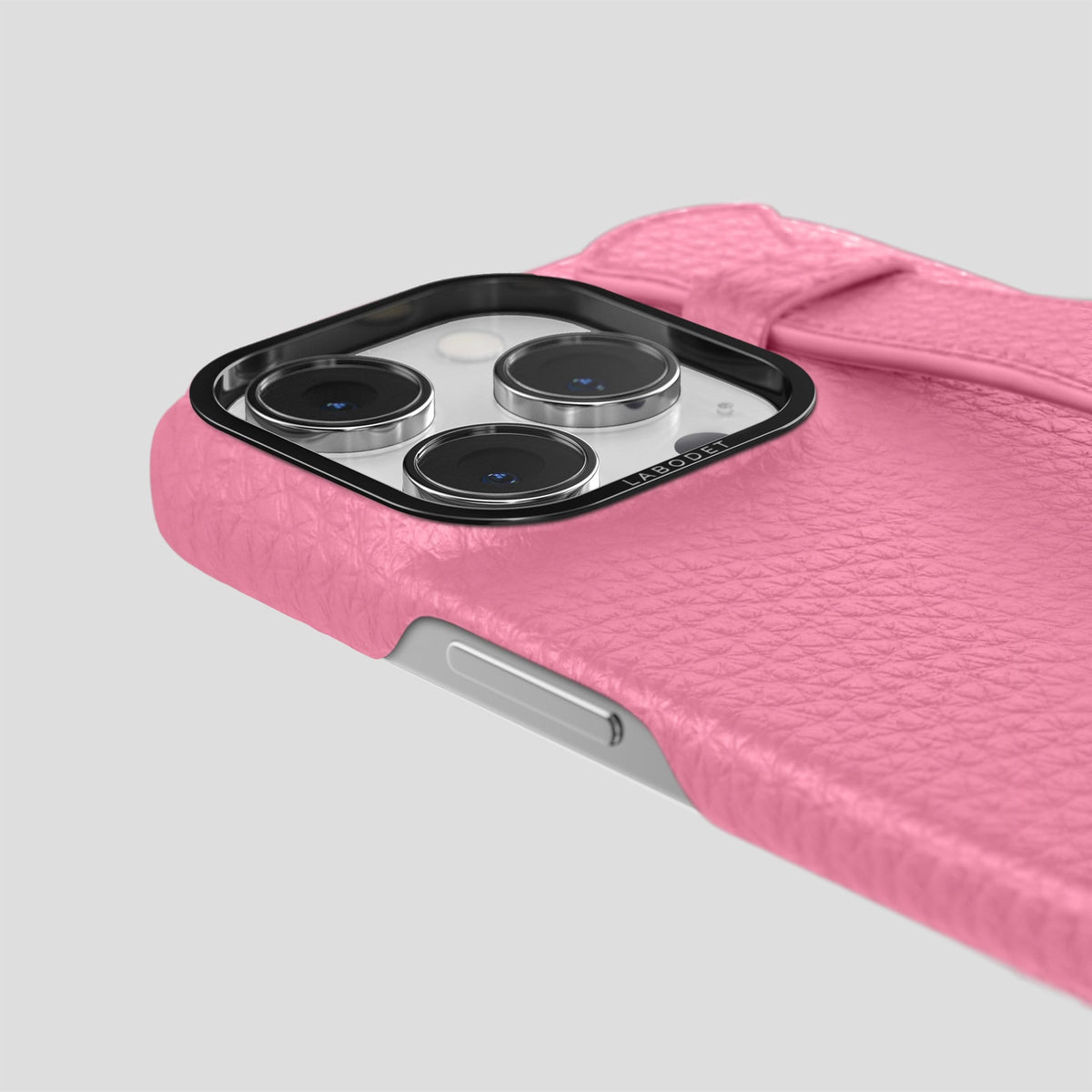 Pink iPhone 14 Pro Strap Case Calf with Black Metal -6 | Pink-Black