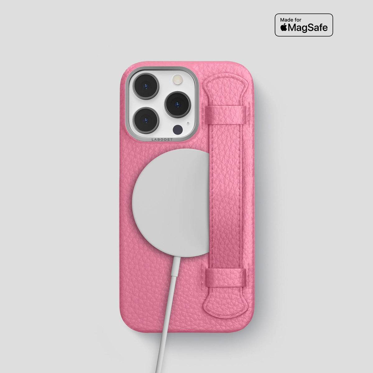 Pink iPhone 14 Pro Strap Case Calf with Steel Metal -5 | Pink-Steel