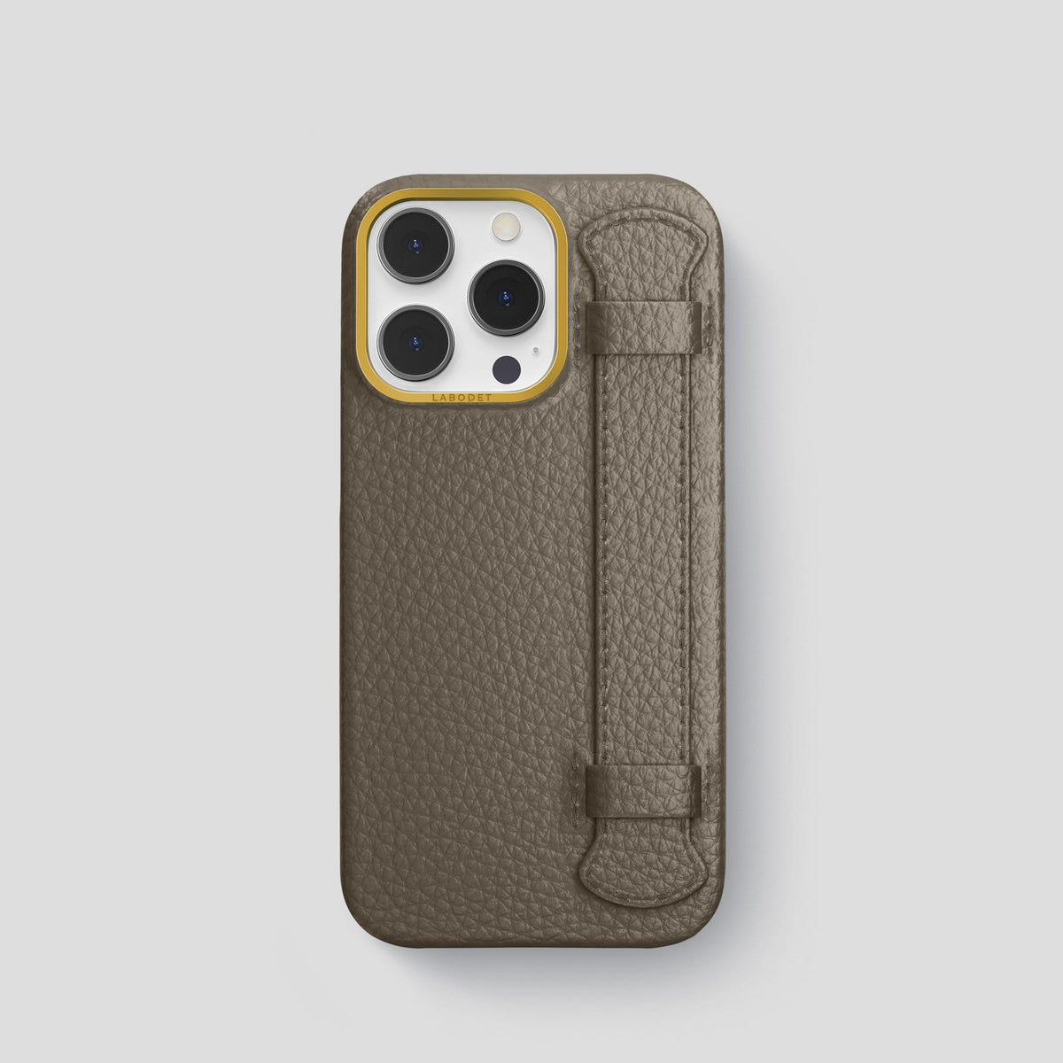 Taupe iPhone 14 Pro Strap Case Calf with Gold Metal -1 | Taupe-Gold