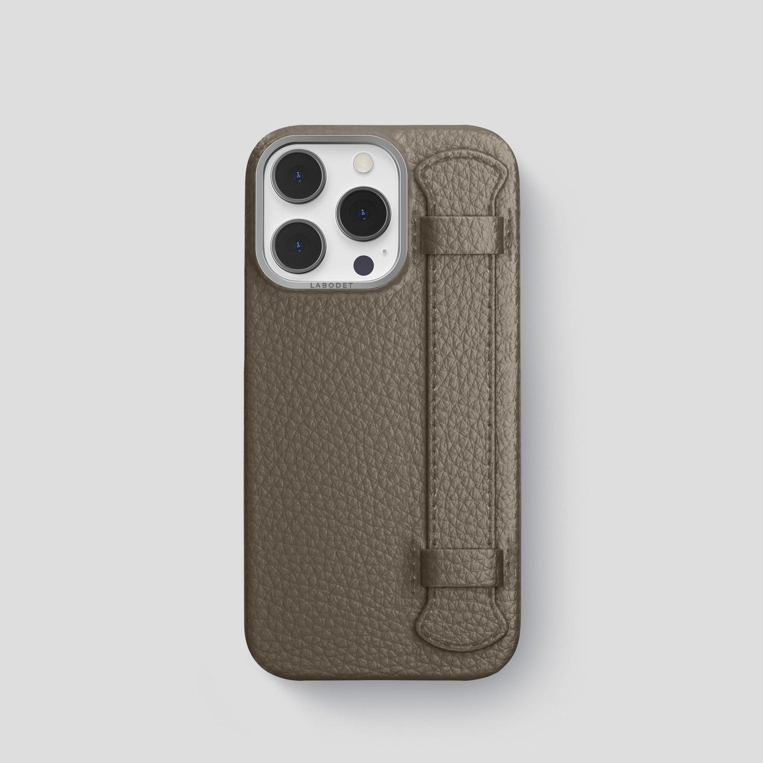 Taupe iPhone 14 Pro Strap Case Calf with Steel Metal -1 | Taupe-Steel