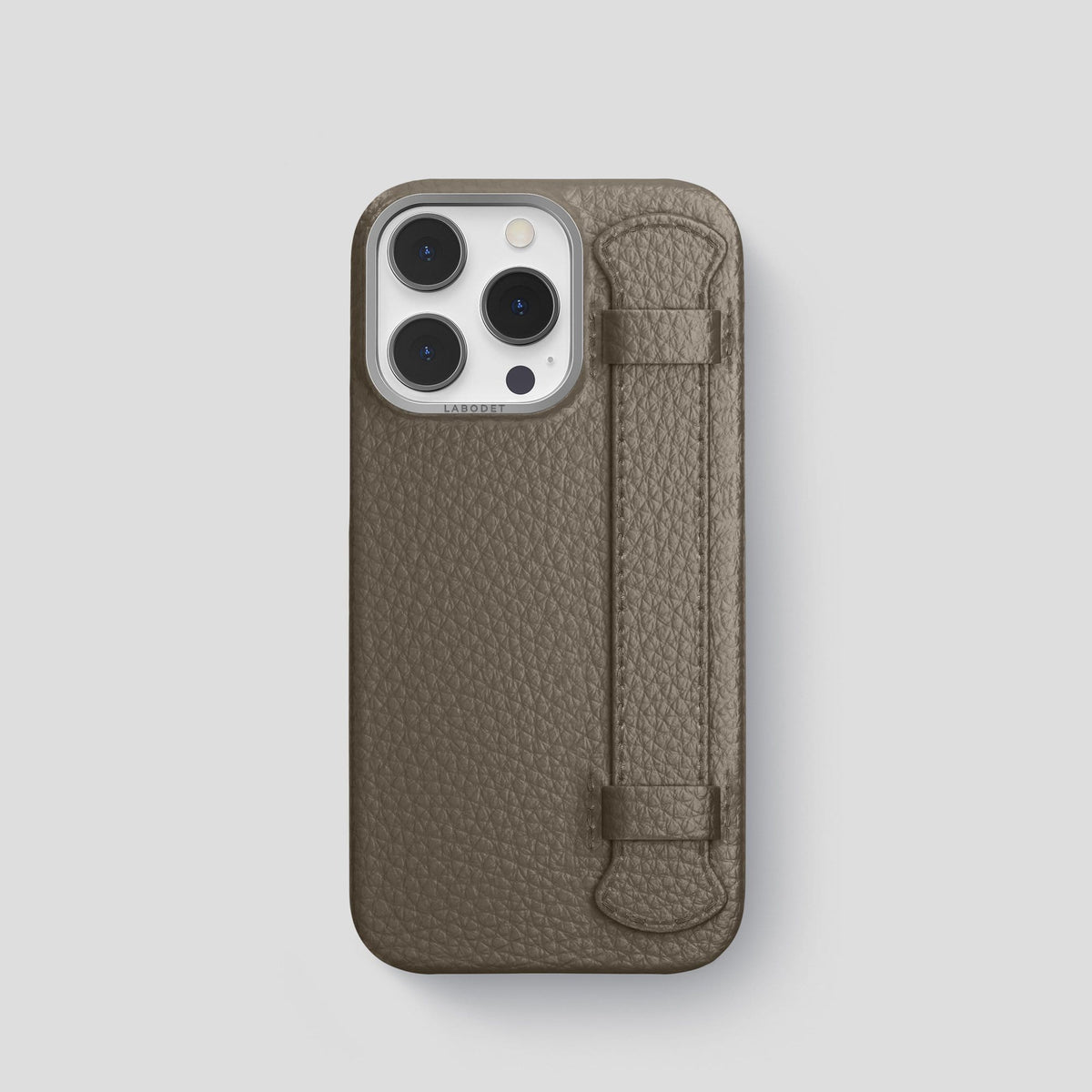 Taupe iPhone 14 Pro Strap Case Calf with Steel Metal -1 | Taupe-Steel
