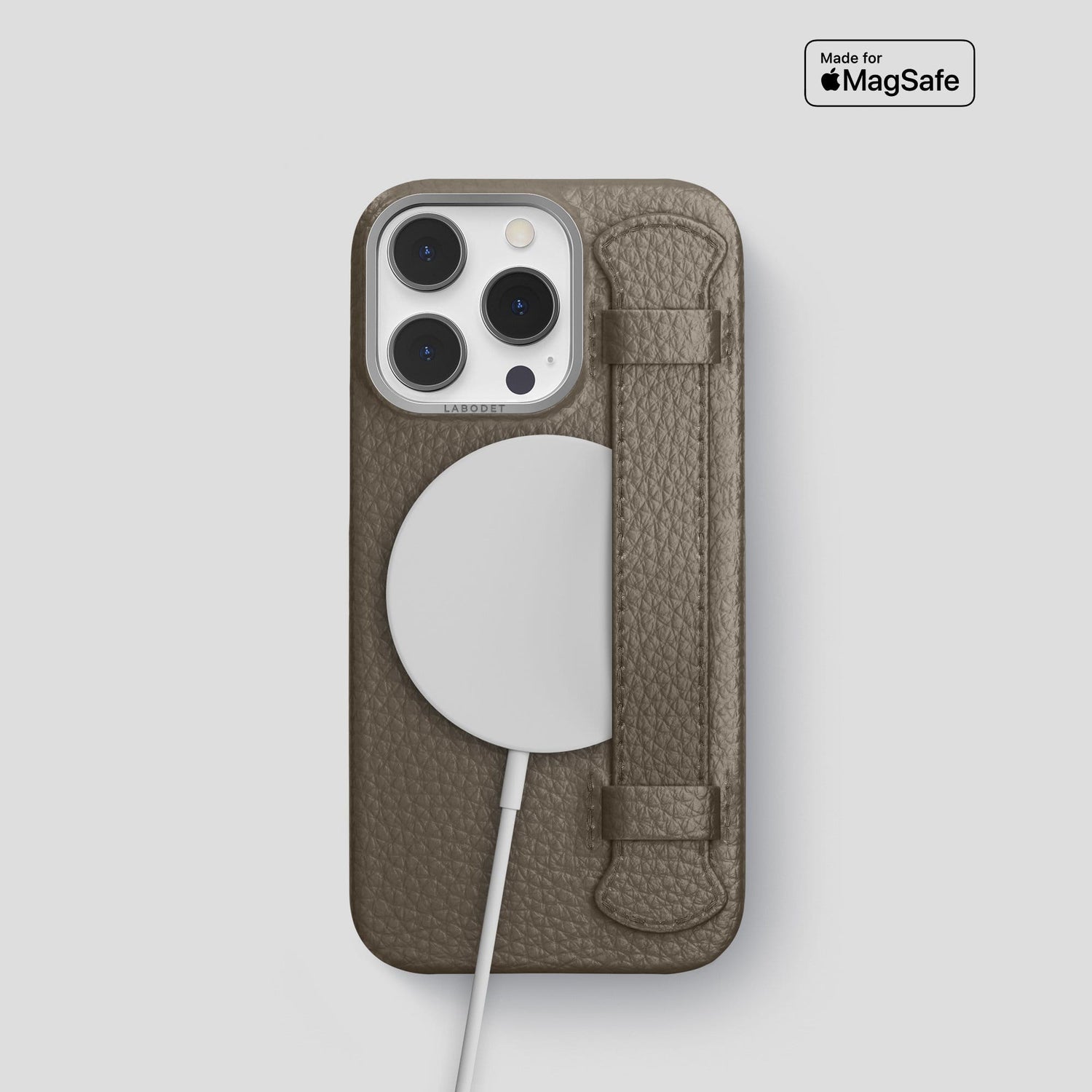 Taupe iPhone 14 Pro Strap Case Calf with Steel Metal -5 | Taupe-Steel
