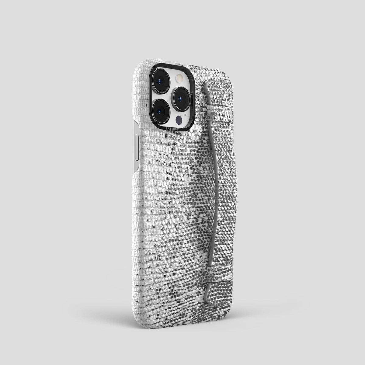 Light iPhone 14 Pro Himalayan Lizard Strap Case with Black Metal -2 | Light-Black