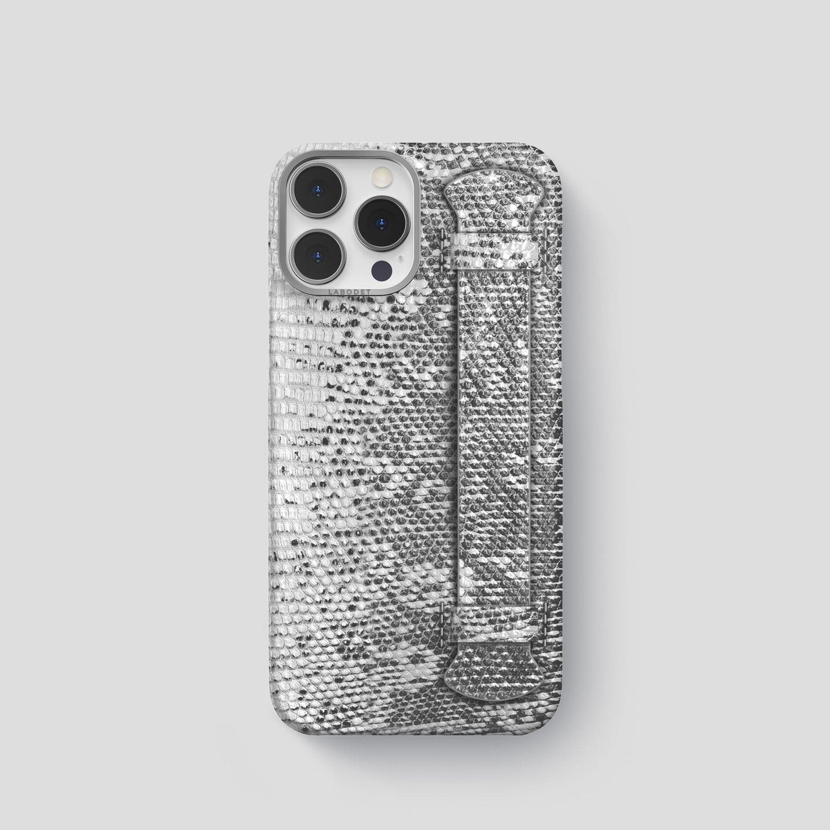 Light iPhone 14 Pro Himalayan Lizard Strap Case with Steel Metal -1 | Light-Steel