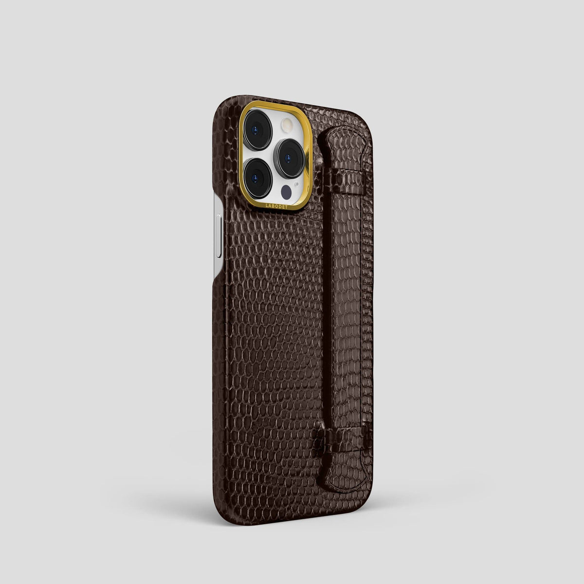 Brown iPhone 14 Pro Strap Case with Gold Metal -2 | Brown-Gold