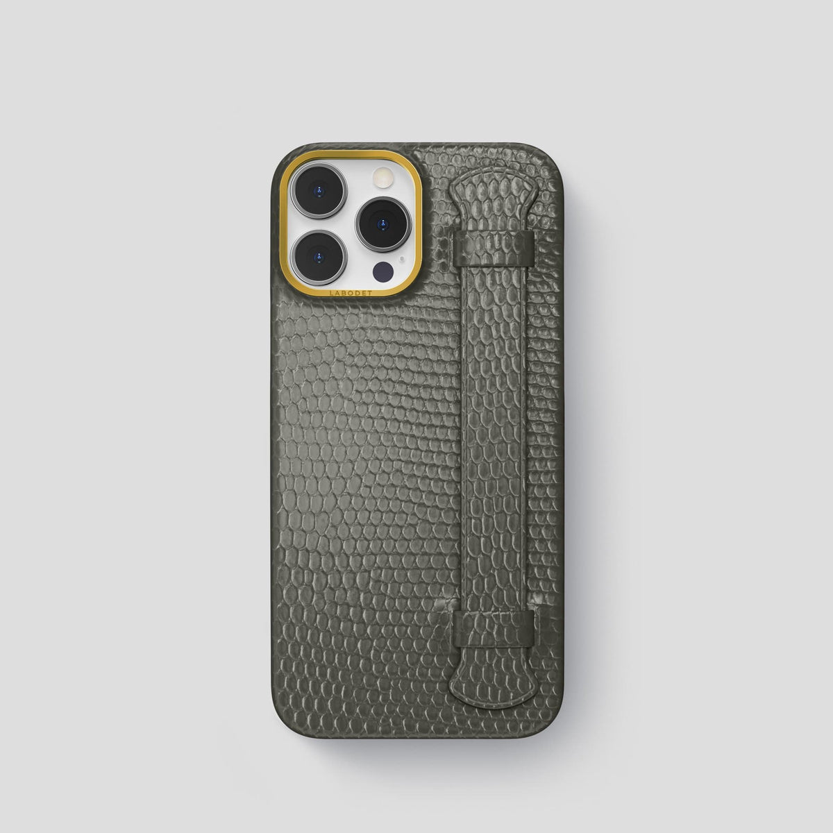Grey iPhone 14 Pro Strap Case with Gold Metal -1 | Grey-Gold
