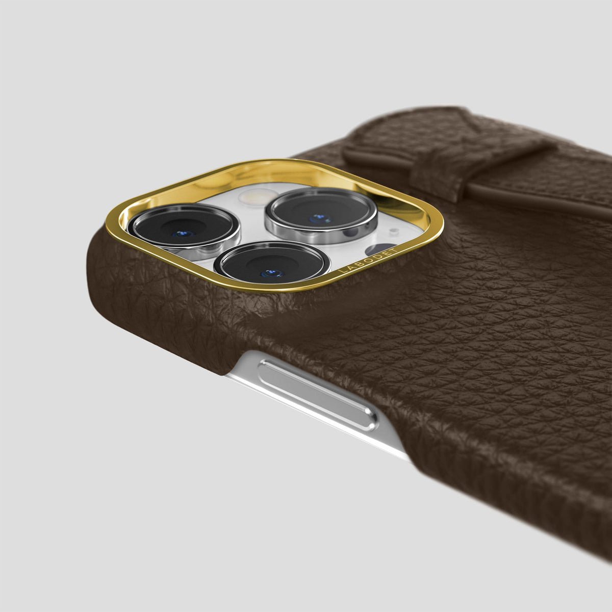 Dark Brown iPhone 14 Pro Max Strap Case Calf with Gold Metal -6 | Dark-Brown-Gold