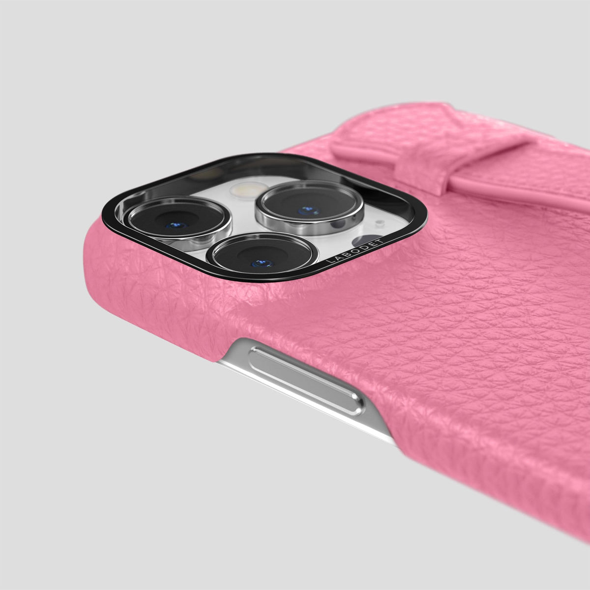 Pink iPhone 14 Pro Max Strap Case Calf with Black Metal -6 | Pink-Black