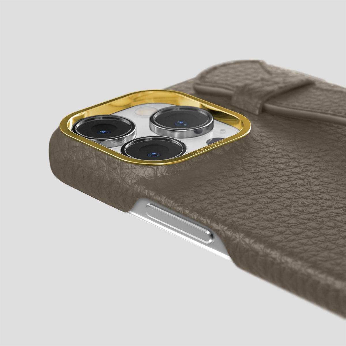 Taupe iPhone 14 Pro Max Strap Case Calf with Gold Metal -6 | Taupe-Gold