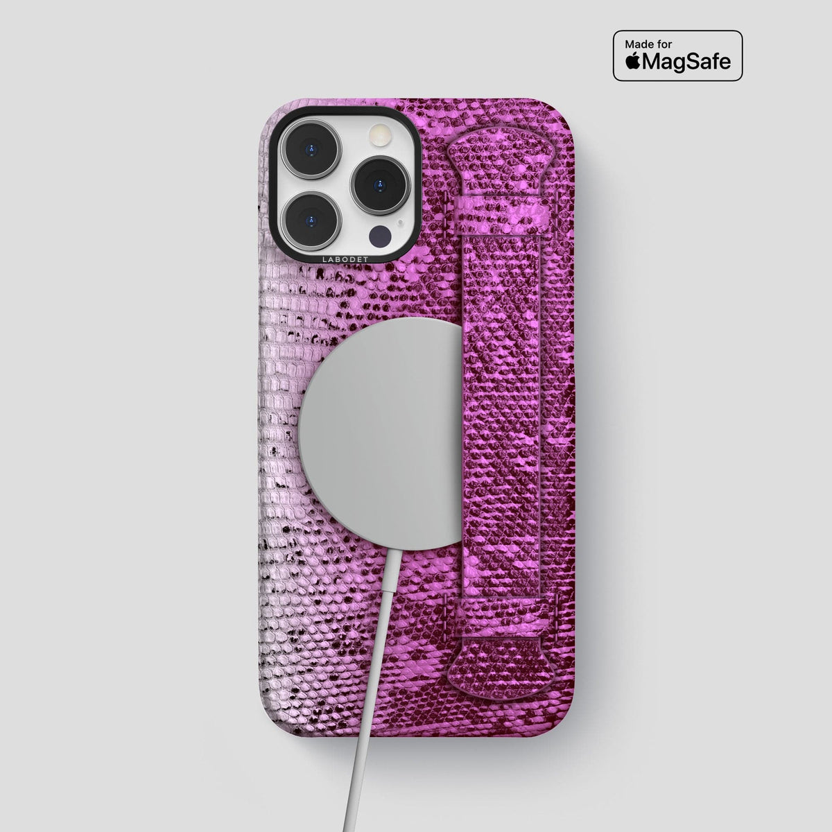 Fuchsia iPhone 14 Pro Max Himalayan Lizard Strap Case with Black Metal -5 | Fuchsia-Black